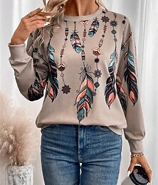 abordables -Sudadera de mujer con estampado gráfico de calle, ropa de uso diario, estilo vintage, étnico, informal, cuello redondo, manga larga, microelástica, otoño e invierno, cómoda, transpirable, tejido suave