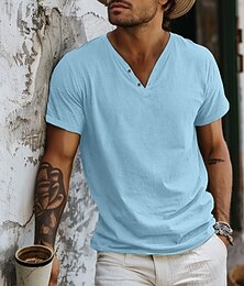 halpa -Miesten Henley-paita T-paita Lyhyt hiha Tavallinen Muoti Suunnittelija Perus V-aukko V kaula-aukko Loma Katu Bile Kesä Vaalean sininen Musta Valkoinen Henley T-paita
