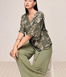 economico -Per donna Elegante Blusa Pantaloni a gamba larga Mezza manica A V Floreale Con fiocco Abbigliamento da lavoro Da tutti i giorni Verde Estate Morbido