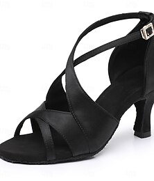 economico -scarpe da ballo da sala da donna in raso nero con cinturino incrociato e punta aperta, tacchi perfetti per balli latino-americani e salsa