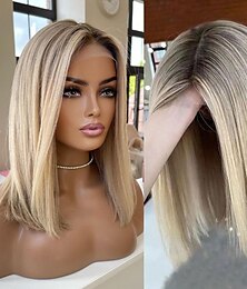 economico -Capelli umani di Remy 13x4 Pizzo Frontale Parrucca Bob corto Parte di mezzo Brasiliano Diritto serico Biondo Parrucca 130% 150% Densità dei capelli Colore Graduale e Sfumato Senza colla Per Da donna