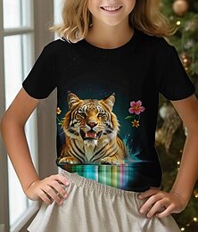 olcso -Lány 3D Grafika Állat Tigris Póló Rövid ujjú Nyár Tavasz Divat Alap Gyerekek 4-12 év Terített nyak Szabadtéri Hétköznapi Napi Normál
