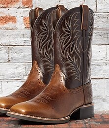 economico -stivali da cowboy western marroni da uomo con gambale ricamato, in similpelle resistente per abbigliamento casual e da ranch