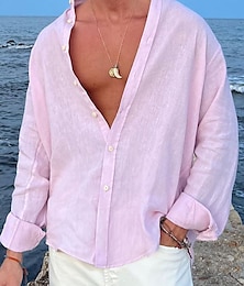 economico -Per uomo Camicia camicia di lino Camicia estiva Abbigliamento mare Camicia con bottoni Liscio Informale Giornaliero Nero Bianco Rosa Blu Manica lunga Bavero Primavera estate Abbigliamento