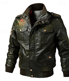 billiga -Herr Imitationsläderjacka Bomberjacka Övergångsjacka Bikerjacka Semester Dagligen Vindtät Håller värmen Ficka Höst vinter Slät Mode Klassisk Hög krage Normal Imitationsläder Svart Grön Kaffe Jacka