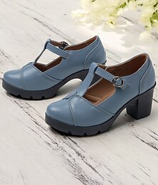 preiswerte -blaue Mary-Jane-Schuhe mit dickem Absatz für Damen – Retro-T-Riemchen-Design fürs Büro und die Freizeit