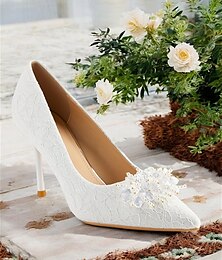 abordables -escarpins élégants à talons hauts en dentelle blanche pour femmes avec appliques florales perlées pour les mariages et les événements formels