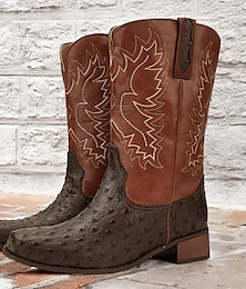 economico -stivali da cowboy western da uomo con pelle di struzzo arancione e tomaia ricamata marrone scuro - stile vintage per rodeo e abbigliamento casual