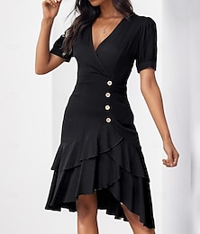 economico -Per donna Vestito nero Mini abito Con balze Pulsante Ufficio Appuntamento Da cerimonia A V Manica corta Nero Colore