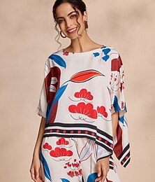 abordables -Mujer Floral Casual Casual Diario Manga magiar Albaricoque Dobladillo irregular De Gran Tamaño Estampado Manga 3/4 Elegante Diario Escote Barco Primavera & Otoño Otoño Temporadas Cruzadas