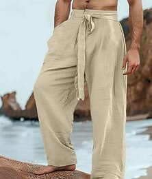 お買い得  -男性用 リネンパンツ ズボン サマーパンツ ドローストリング 弾性ウエスト まっすぐな足 平織り 履き心地よい 高通気性 全長 アウトドア 日常 ビーチ ファッション ストリートファッション ルーズフィット ブラック ホワイト マイクロエラスティック