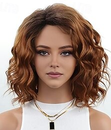 cheap -Layered Short Wavy Bob Wig Curly Wigs for Women Side Part  Heat Synthetic Wig