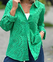 economico -camicetta da donna elegante tinta unita traforata manica lunga top normali colletto camicia quotidiano bianco rosso viola verde primavera autunno