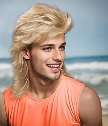 economico -Parrucche per uomini Joe Dirt Costume anni '80 Parrucche divertenti resistenti al calore Parrucca pop rock per feste di carnevale o divertenti parrucche di Halloween per uomini degli anni '70