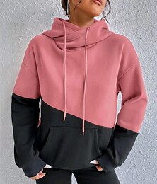 abordables -Sudadera con capucha para mujer, informal, con bloques de color, para uso diario, con parches, bolsillo, manga larga, rosa, azul, marrón, verde, otoño e invierno