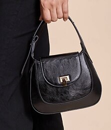 economico -borsa classica da donna in pelle nera - elegante chiusura con patta con hardware color oro, perfetta per l'abbigliamento professionale e da sera