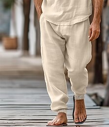 economico -Per uomo Pareggiatore Pantaloni di lino Pantaloni Pantaloni estivi A cordoncino Vita elastica Liscio Comfort Traspirante Esterno Giornaliero Per uscire Di tendenza Streetwear Cáqui Escuro Bianco