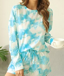 billiga -dam loungewear pyjamasset 2 delar slipsfärgning avslappnad komfort hemkomfort rund hals långärmad pullover shorts vår höst blå hemoutfits