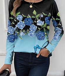 abordables -Mujer Camiseta Ombre Casual Manga Larga Escote Redondo Tops regulares Diario Estampado Amarillo Rosa Azul Piscina Azul polvoriento Verde Trébol Primavera Otoño