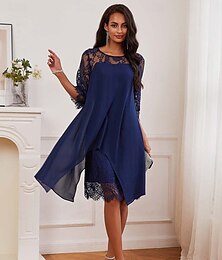 ieftine -rochie de nunta de dama rochie simpla rochie midi dantela sifon mozaic casual decolteu cu maneca 3/4 rochii de cocktail rochii formale culoare albastra