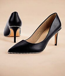 preiswerte -Schwarze Leder-Stilettos für Damen - elegante Pumps mit spitzer Spitze und Perlenbesatz für Hochzeiten und formelle Anlässe