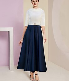 voordelige -Strand Bruiloft A-Lijn Moeder van de Bruid Jurk Bruiloft Gast Elegante Vintage Juwelenhals Thee Lengte Charmeuse Halve Mouw met Plissé Kristallen 2025 gratis op maat