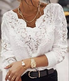 abordables -Femme Pull Elégant Mode du quotidien Couleur unie Géométrique Grosse maille Col V Dentelle Ouvert manche longue Hauts réguliers Tricoter Anniversaire du quotidien Rendez-vous Blanche Bleu Printemps
