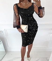 economico -Per donna Vestito nero Vestito longuette Retato Collage Informale Stondata Manica lunga Nero Colore
