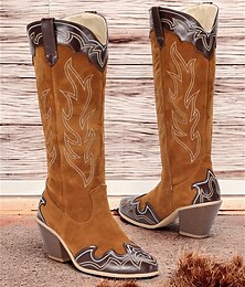 economico -Per donna Stivali Stivali da Cowgirl All'aperto Quotidiano Viaggio Blocco di colori Ricamato Stivali al Ginocchio Ricamo Cerniera Tacco grosso Punta a Punta Moda Western Classico Finta pelle