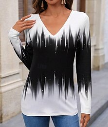 economico -maglietta da donna casual color block stampa manica lunga top regolari scollo a V quotidiano nero primavera&amp;  autunno