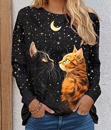 levne -Halloween dámské tričko černá kočka dlouhý rukáv kruhový výstřih dlouhá tunika kočičí pohodlné běžné topy každodenní potisk černé jaro podzim předpodzim