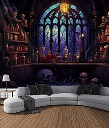 cheap -Halloween Blacklight Tapestry Haunted Castle UV Reactive Glow in the Dark Glow Party Trippy Misty Haunted House Hanging Tapestry Wall Art Mural for Living Room Bedroom