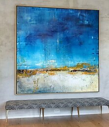 お買い得  -抽象的な金色の絵画、手作りの豊かな質感の海景アクリル画、モダンな壁アート、手描きのアートワーク、ホイルグリーンの油絵、リビングルーム、オフィスの壁の装飾、ブルーの絵画