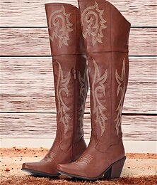abordables -Botas vaqueras vintage marrones para mujer con detalles bordados: perfectas para rodeo, conciertos campestres y uso diario.