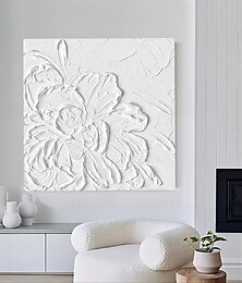 preiswerte -3D-Ölgemälde mit weißer Blume, handgemalt, dickes strukturiertes Ölgemälde, beige-weißes Gemälde auf Leinwand, abstraktes strukturiertes Ölgemälde für Wandkunst, Gemälde für Wohnzimmer