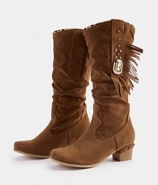 abordables -bottes mi-mollet à franges en daim marron pour femmes avec détails cloutés – bottes de cowboy western pour l'automne et l'hiver