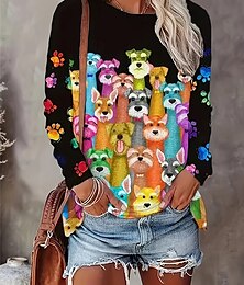 abordables -Camiseta de mujer con estampado casual, manga larga, cuello redondo, uso diario, color negro, primavera y otoño