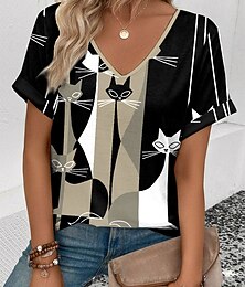 levne -dámské tričko ležérní color block cat print krátký rukáv běžné topy do výstřihu denní khaki léto