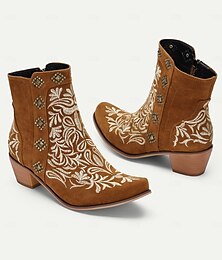 abordables -Botines vaqueros marrones bordados para mujer con detalles tachonados: perfectos para salidas informales y eventos de rodeo