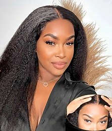 abordables -Perruque Cheveux Naturel Rémy 13x4 devant en dentelle Cheveux Brésiliens Droit crépu Yaki Droite Noir Naturel Partie libre perruques pour femmes noires Densité 130% 150% 180% avec des cheveux de béb