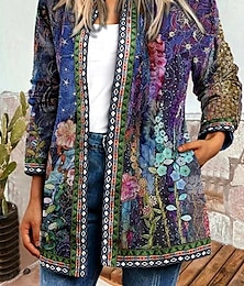 halpa -Naisten Jakku Arkikäyttö Nelikulmainen kaula-aukko Painettu Kukka Rento / arki Vintage Loose Fit Päällysvaatteet Pitkähihainen Kevät Valtameren sininen S