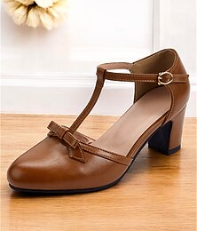 preiswerte -braune Mary-Jane-Schuhe für Damen mit T-Riemen und Schleife, mittelhoher Absatz im Vintage-Design, perfekt für den Alltag und das Büro