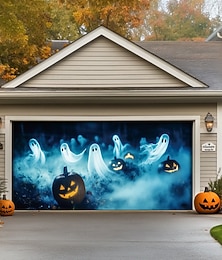 お買い得  -ハロウィーンのドア装飾、屋外ハロウィーンガレージドアカバー、ゴーストバナー、カボチャスケルトン、屋外の大きな背景、休日の装飾、屋外ガレージドア、家の壁の装飾