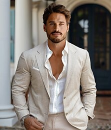 billige -Herre drakter utendørs Lomme Vår & Vinter 100% Lin Helfarge Knapper Lomme Enkeltkneppet Blazer Blå Beige