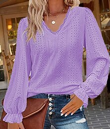 abordables -Blusas Elegantes de Encaje Blanco para Mujer con Ojal Blusas Estilosas de Color Sólido con Ojal de Manga Larga Talla Regular Cuello en V Ropa Diaria Romántica Tallas Pequeñas Ropa de Verano para