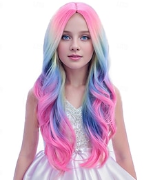 economico -parrucche colorate per bambini, lunghe, ricce e ondulate, per ragazze, parrucche arcobaleno per bambini, sintetiche colorate, per feste di carnevale e cosplay