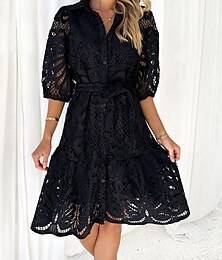 billige -Dame Blonde kjole Midikjole Blonde Uthult Stevnemøte Elegant Fritid Skjortekrage Halvlange ermer Svart Rosa Blå Farge
