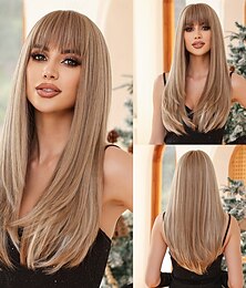 halpa -26 tuuman synteettinen peruukki naisten gradienttivärinen peruukki, ruskeat pitkät suorat hiukset otsatukkailla muoti päivittäinen juhla cosplay