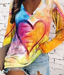abordables -Camiseta de mujer con estampado casual, manga larga, cuello en V, para uso diario, amarilla, rosa, azul, primavera&amp;  caer