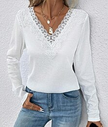 abordables -Blouses en dentelle élégante blanches pour femmes blouse en œillet tops décontractés en dentelle à manches longues tops réguliers décolleté en V quotidien romantiques petites tailles vêtements d'été